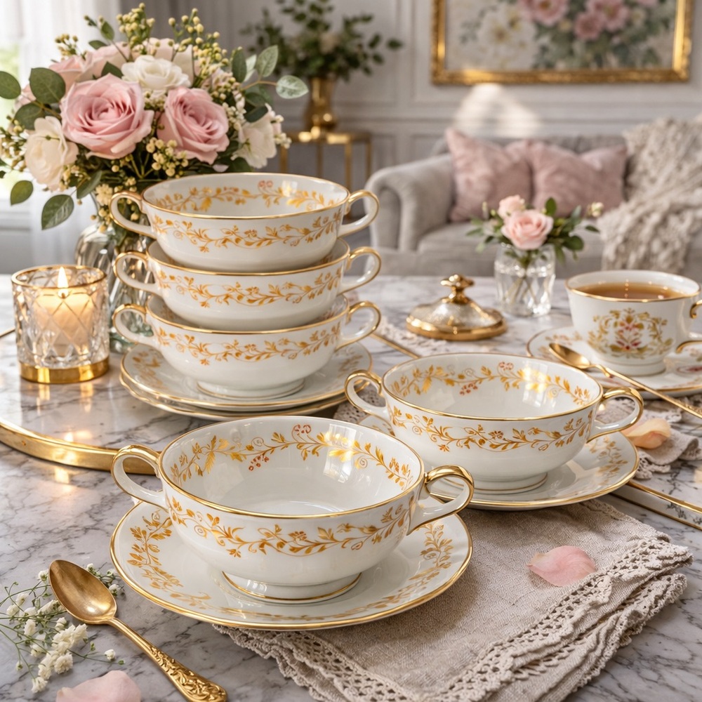 Aynsley 8069 Gold Leaf Cream Soup Bowl & Saucer Set of 4 – Bone China England